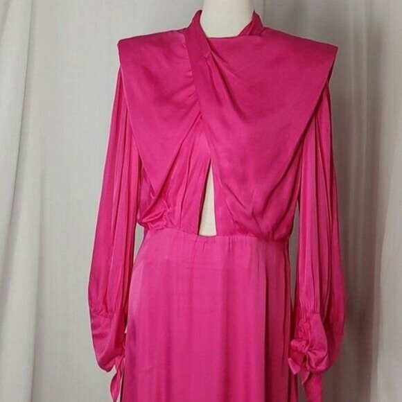 Farm Rio Maxi Dress Cut Out Satin Pink L Shoulder Pad Long-Sleeve Cocktail - Picture 9 of 16